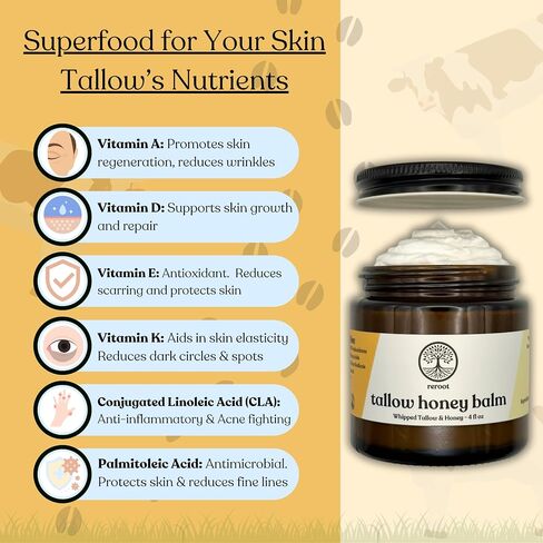 Beef Tallow for Skin | 100% Grass-Fed Tallow & Raw MN Honey | 2 Ingredients | Whipped & UNSCENTED | Whole Body & Face Balm for Sensitive, Dry Skin, Eczema, Psoriasis, Rosacea (4oz) in Saudi Arabia