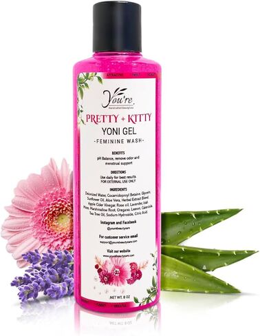 Pretty + Kitty Yoni Gel, 100% natural daily refreshing feminine and body gel,intimate all-over body wash, pH Balance, Removes Odor, menstrual support, teens and adults, Handcrafted in the USA,8 Fl Oz in Saudi Arabia