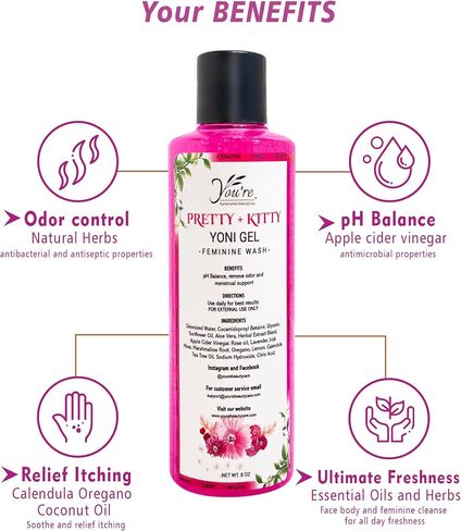 Pretty + Kitty Yoni Gel, 100% natural daily refreshing feminine and body gel,intimate all-over body wash, pH Balance, Removes Odor, menstrual support, teens and adults, Handcrafted in the USA,8 Fl Oz in Saudi Arabia