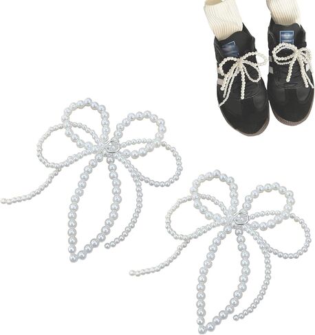 2 Pcs Pearls Bow Shoe Charms for Sneakers, Elegant DIY Shoe Lace Decoration, Buckle Pearl Beaded Chain Accessories for Women, Dress Shoes, Wedding Gift Jewelry (1 Pair Lace Pearl) in Saudi Arabia