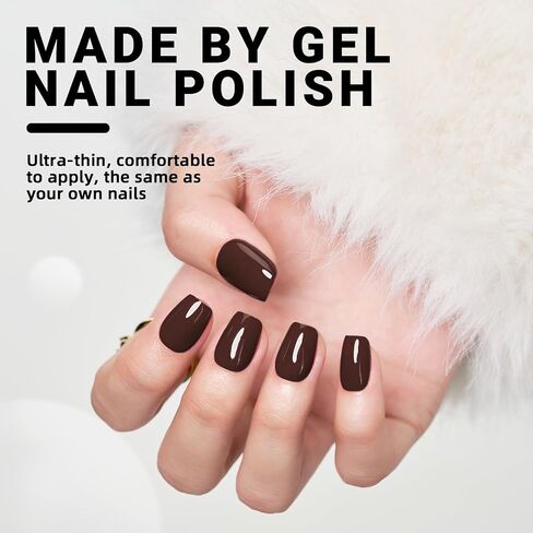 Dark BrownPress on Nails Short, Fall Handmade Square Fake Nails Reusable，Fit Perfectly Glossy Glue On Nails in 12 Sizes - 24 Pcs Soft Gel Glue On Nails Kit for Woman in Saudi Arabia