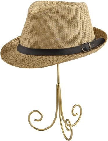 MyGift Handcrafted Metal Tabletop Hat Stand in Modern Brass Tone Finish and Scrollwork Design base, Hat, Cap and Wig Holder Display Stand, Handmade in India in Saudi Arabia