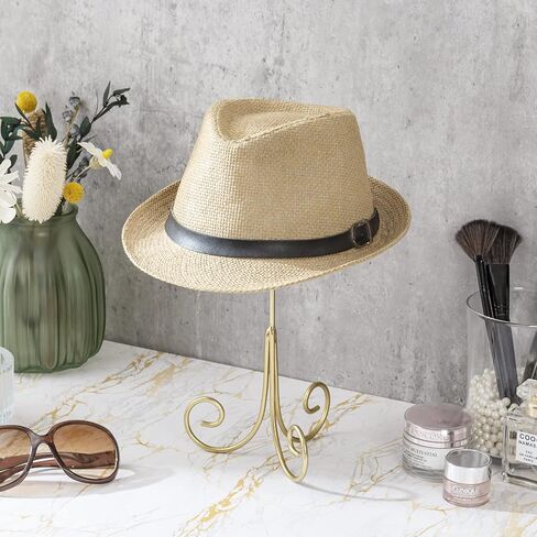 MyGift Handcrafted Metal Tabletop Hat Stand in Modern Brass Tone Finish and Scrollwork Design base, Hat, Cap and Wig Holder Display Stand, Handmade in India in Saudi Arabia