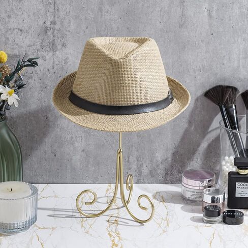 MyGift Handcrafted Metal Tabletop Hat Stand in Modern Brass Tone Finish and Scrollwork Design base, Hat, Cap and Wig Holder Display Stand, Handmade in India in Saudi Arabia