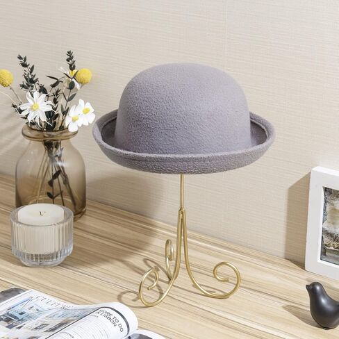 MyGift Handcrafted Metal Tabletop Hat Stand in Modern Brass Tone Finish and Scrollwork Design base, Hat, Cap and Wig Holder Display Stand, Handmade in India in Saudi Arabia