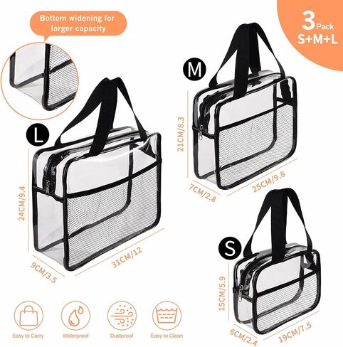 XEWEA Clear Travel Toiletry Bags, 3 Pack TSA Approved Transparent Makeup Bag for Men Women, Large Waterproof PVC Quart Organizer Kit with Zipper for Toiletries Airline Essentials,Toy Storage Pouch in Saudi Arabia