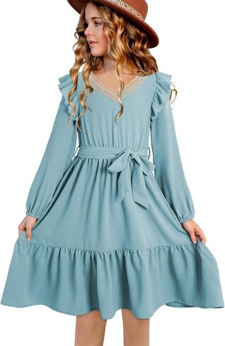 blibean Teen Girls Lace Neckline Dress Kids Semi Formal Long Sleeve Dresses Size 6-15 Years in Saudi Arabia