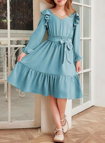 blibean Teen Girls Lace Neckline Dress Kids Semi Formal Long Sleeve Dresses Size 6-15 Years in Saudi Arabia