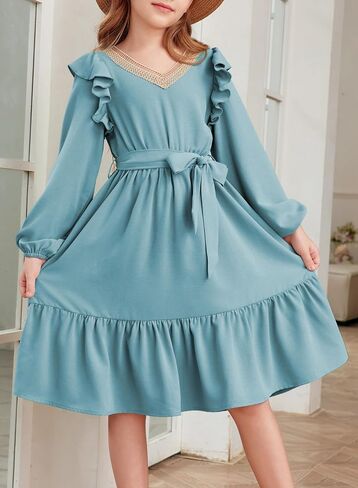 blibean Teen Girls Lace Neckline Dress Kids Semi Formal Long Sleeve Dresses Size 6-15 Years in Saudi Arabia
