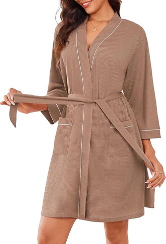 Ekouaer Women Robes Waffle Knee Length Bathrobe Lightweight Soft Sleepwear V neck 3/4 Sleeve Casual Ladies Loungewear S-XXL in Saudi Arabia