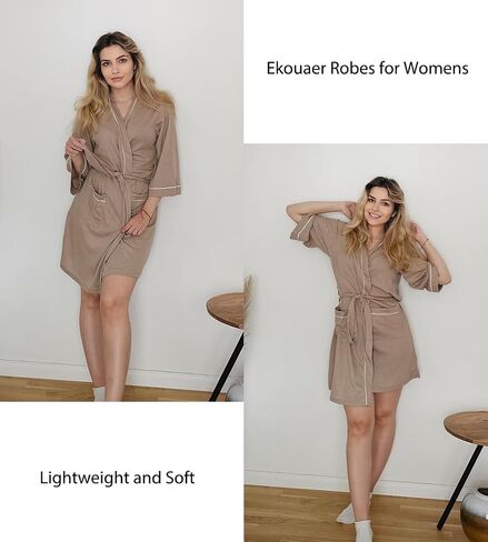 Ekouaer Women Robes Waffle Knee Length Bathrobe Lightweight Soft Sleepwear V neck 3/4 Sleeve Casual Ladies Loungewear S-XXL in Saudi Arabia