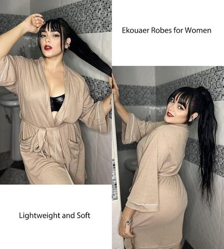Ekouaer Women Robes Waffle Knee Length Bathrobe Lightweight Soft Sleepwear V neck 3/4 Sleeve Casual Ladies Loungewear S-XXL in Saudi Arabia