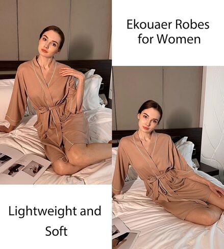 Ekouaer Women Robes Waffle Knee Length Bathrobe Lightweight Soft Sleepwear V neck 3/4 Sleeve Casual Ladies Loungewear S-XXL in Saudi Arabia