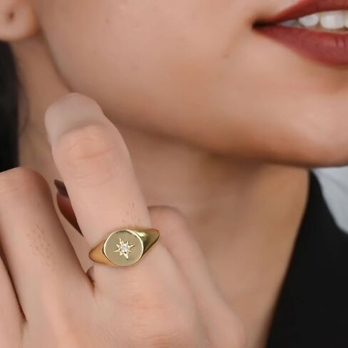 Gempires Cubic Zirconia North Star Signet Rings with 14K Gold Plated, April Birthstone Jewelry, Lightweight Statement Rings for Women, Simple Everyday Jewelry, US Size-8 in Kuwait