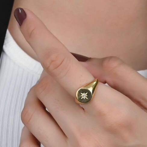 Gempires Cubic Zirconia North Star Signet Rings with 14K Gold Plated, April Birthstone Jewelry, Lightweight Statement Rings for Women, Simple Everyday Jewelry, US Size-8 in Kuwait