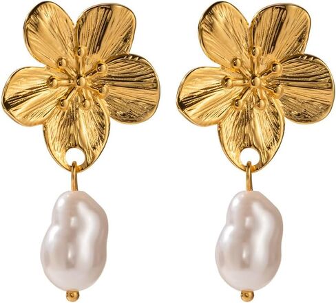 Flower Clover Gold Freshwater Pearl Dangle Earrings 14K Gold Plated Earrings S925 Hypoallergenic Jewelry Birthday Christmas Gift Valentine Gift for Her in Saudi Arabia