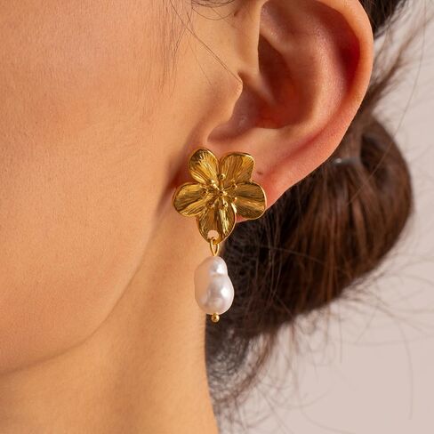 Flower Clover Gold Freshwater Pearl Dangle Earrings 14K Gold Plated Earrings S925 Hypoallergenic Jewelry Birthday Christmas Gift Valentine Gift for Her in Saudi Arabia