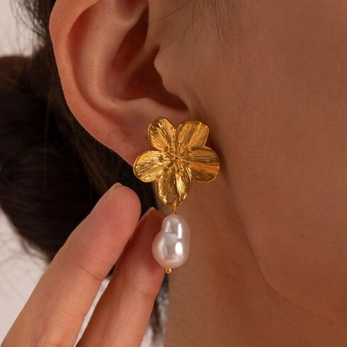 Flower Clover Gold Freshwater Pearl Dangle Earrings 14K Gold Plated Earrings S925 Hypoallergenic Jewelry Birthday Christmas Gift Valentine Gift for Her in Saudi Arabia
