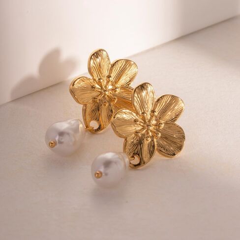 Flower Clover Gold Freshwater Pearl Dangle Earrings 14K Gold Plated Earrings S925 Hypoallergenic Jewelry Birthday Christmas Gift Valentine Gift for Her in Saudi Arabia