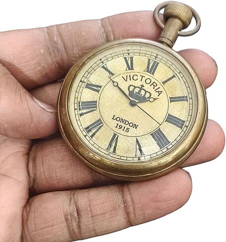 2" Victoria London Brass Pocket Watch With Chain - Antique Pocket Watch With Roman Numerals Men's Vintage Back Side Engraved Watch Royal Retro Father's day Gift in Saudi Arabia