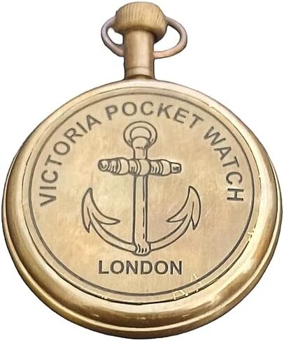 2" Victoria London Brass Pocket Watch With Chain - Antique Pocket Watch With Roman Numerals Men's Vintage Back Side Engraved Watch Royal Retro Father's day Gift in Saudi Arabia
