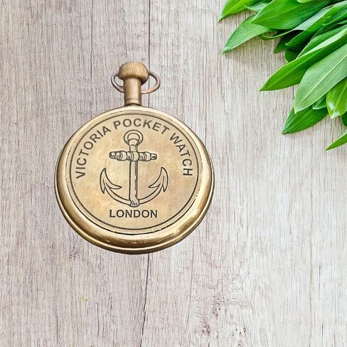 2" Victoria London Brass Pocket Watch With Chain - Antique Pocket Watch With Roman Numerals Men's Vintage Back Side Engraved Watch Royal Retro Father's day Gift in Saudi Arabia