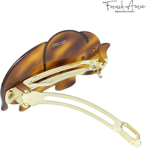 French Amie Elephant Crystal Tortoise Shell Brown 3 1/4" Celluloid Acetate Handmade Automatic Hair Clip Barrette with No Slip Sturdy Silver Clasp for Women and Girls, Made in France in Saudi Arabia