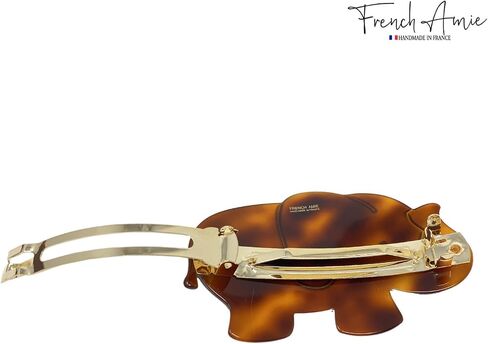 French Amie Elephant Crystal Tortoise Shell Brown 3 1/4" Celluloid Acetate Handmade Automatic Hair Clip Barrette with No Slip Sturdy Silver Clasp for Women and Girls, Made in France in Saudi Arabia