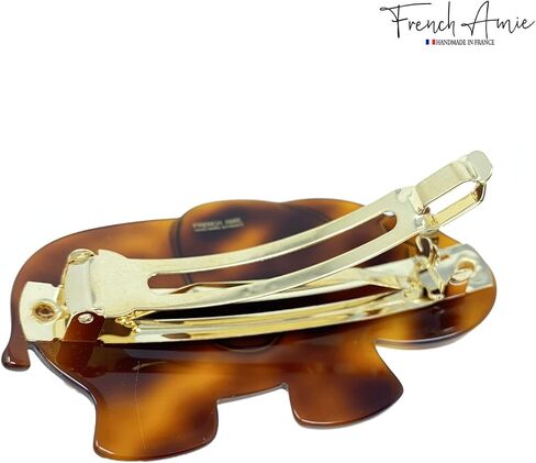 French Amie Elephant Crystal Tortoise Shell Brown 3 1/4" Celluloid Acetate Handmade Automatic Hair Clip Barrette with No Slip Sturdy Silver Clasp for Women and Girls, Made in France in Saudi Arabia