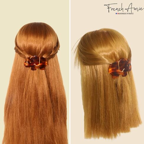 French Amie Elephant Crystal Tortoise Shell Brown 3 1/4" Celluloid Acetate Handmade Automatic Hair Clip Barrette with No Slip Sturdy Silver Clasp for Women and Girls, Made in France in Saudi Arabia
