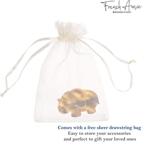 French Amie Elephant Crystal Tortoise Shell Brown 3 1/4" Celluloid Acetate Handmade Automatic Hair Clip Barrette with No Slip Sturdy Silver Clasp for Women and Girls, Made in France in Saudi Arabia