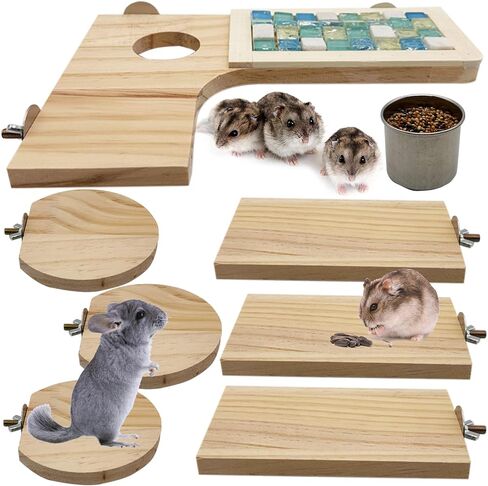Wooden Hamster Cage Platform Set 7 Pack Wood Juvenile Chinchilla Shelves, Squirrel L-Shape Corner Ledge Standing Board, Rat Cage Accessories for Gerbil Small Animal Climbing in Kuwait