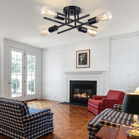 Sputnik Chandeliers, Modern Semi Flush Mount Ceiling Light with E26 Base, Mid Century Industrial Kitchen Farmhouse Light Fixtures for Bedroom Living Room (Black, Ceiling 4 Lights) in Saudi Arabia