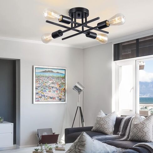 Sputnik Chandeliers, Modern Semi Flush Mount Ceiling Light with E26 Base, Mid Century Industrial Kitchen Farmhouse Light Fixtures for Bedroom Living Room (Black, Ceiling 4 Lights) in Saudi Arabia