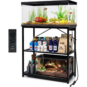 TC-HOMENY Fish Tank Stand 10-30 Gallon, Aquarium Stand with Charging Station,1000LB Capacity ,31" L x 16" W Metal Reptile Tank Stand, Double Storage Design Adjustable Boards, Brown(Tank not Included)