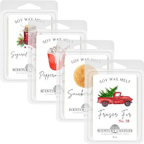 SCENTURY Christmas Wax Melts Variety 4 Pack - Fraser Fir, Snickerdoodle, Sugared Cranberry, Peppermint Latte - 24 Cubes/12 oz - Soy Wax Melts - Strong Scented Wax Cubes - HandMade in USA