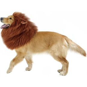 GABOSS Lion Mane for Dog Costume, Realistic Funny Lion Wig for Medium to Large Sized Dogs, Halloween Fancy Dog Lion Mane (Brown Ear Tail)