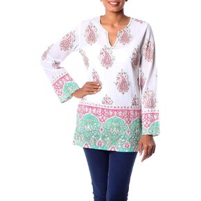 NOVICA Artisan Handmade Beaded Cotton Tunic Block Print with Beadwork Sequins Clothing Top Bohemian 'Beautiful Jaipur'