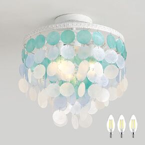 13.8" Natural Capiz Shell Chandelier 3 Light Mini Chandelier Boho Ceiling Light Entryway Light Fixture for Girls' Bedroom Hallway Living Room Dinning Room Brushed White Handmade Painting
