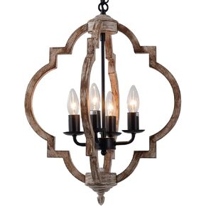 16.14" 4-Light Farmhouse Wood Chandelier, Rustic Orb Pendant Lighting Fixture with Adjustable Chain, Vintage Ceiling Hanging Lights for Foyer Entryway Dining Room Kitchen Island, Handmade Oak Finish