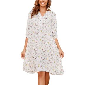 AVIIER House Dress Womens 3/4 Sleeve Floral Print Nightdress with Pockets S-XXL