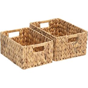 FairyHaus Wicker Baskets 15x11x7 & 13.4x9.5x6.5, 2 Pack Handmade Big Wicker Storage Basket with Handles, Natural Water Hyacinth Wicker Baskets for Storage Shelves Organizing, Rectangle Wicker Basket