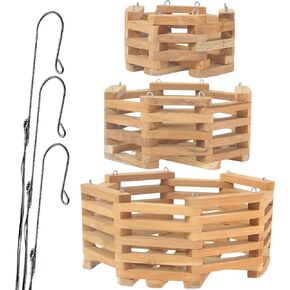 3 Wooden Octagon Shaped Orchid Baskets with Hangers. Rustic Handmade Vanda Baskets, Hanging Boxes