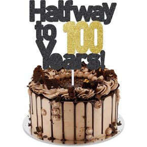 Halfway To 100 Cake Topper, Happy 50th Birthday Cake Topper,Milestone Birthday Party Decorations,Handmade - Black Glitter