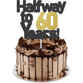 Halfway To 60 Cake Topper, Happy 30th Birthday Cake Topper,Milestone Birthday Party Decorations,Handmade - Black Glitter