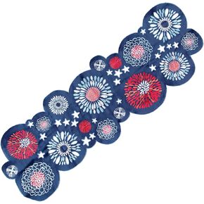 CAIT CHAPMAN HOME COLLECTION Spectacular Festive Flowering Fireworks Printed Easy-Care Fabric Table Linen (14"x42" Cutwork Runner, Blue)