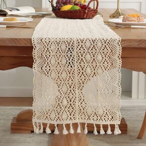 Beige Boho Table Runner in 110 inches Long Handmade Crochet Macrame Table Runner with Tufted Tassel Vintage Floral Wedding Lace Tablerunners Farmhouse Deco for Dining Room(12"×110")