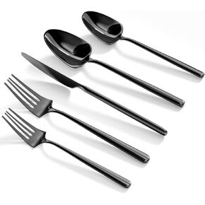 Oval Black 20-Piece Silverware Set, Forged Stainless Steel Flatware Set with American Design, Modern Cutlery Set, Service for 4, Dishwasher Safe