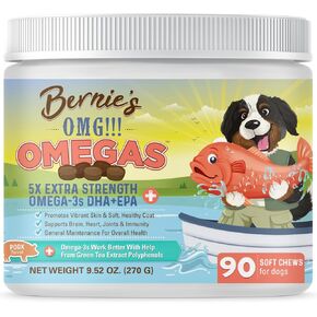 Bernie’s OMG!!! Omegas 5X Extra Strength Omega-3s DHA+EPA, Chews with Fish Oil for Dogs, Ultimate Skin & Coat, Works as Dog Allergy Chews, Dog Calming Chews, Joint Supplement.
