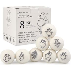 Wool Dryer Balls, 8PCs Dryer Balls with Happy Sheep - Natural &Organic, 100% New Zealand Wool Handmade, Chemical-Free Reusable Laundry Balls, Anti-Static Reduce Wrinkles and Save Time